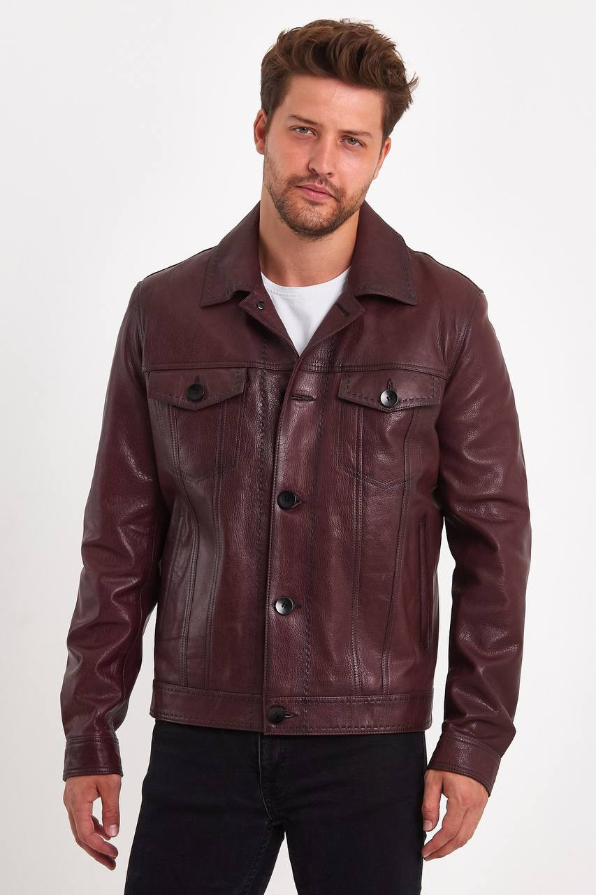 Afreen Fashion Men’s Luxury Burgundy Leather Trucker Jacket – Premium European Designer Vintage Leather Jacket for UK Streetwear Brands & Modern Luxury Fashion Collections 2026